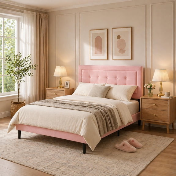 Gewnee Full Size Platform Bed Frame with Upholstered Tufted Headboard,Wood Slats Support,Easy Assembly,No Box Spring Needed,Pink