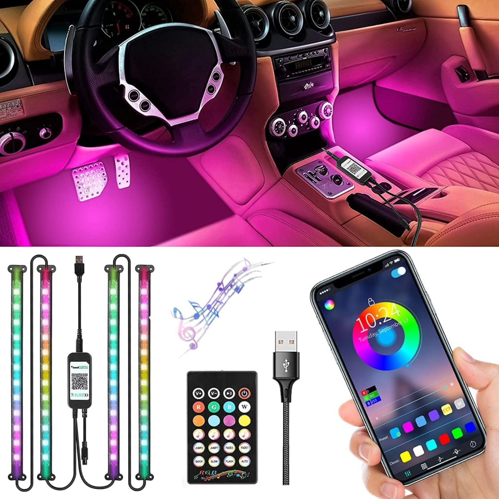 Tira de luz interior LED para coche, 16 Millones de Colores Luces Led Coche  Interior luz ambiental del coche, Luz de atmósfera de automóvil RGB por