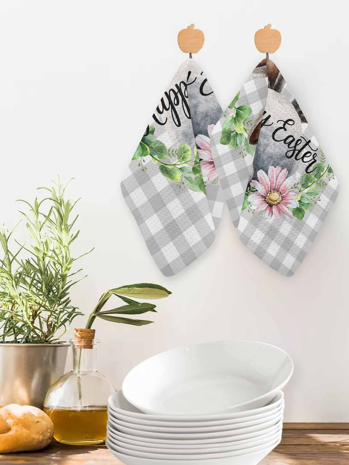 Grey Easter Kitchen Dish Towels for Drying Dishes Set of 3, Spring Watercolor Bunny Flower Leaf Plaid Waffle Weave Microfiber Hand Tea Bathroom Towels Quick Dry & Absorbent Towel 12x12