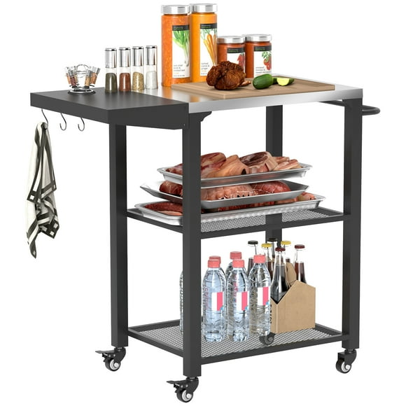 Outsunny 3-Tier Outdoor Grill Cart w/ Side Table, Pizza Oven Stand