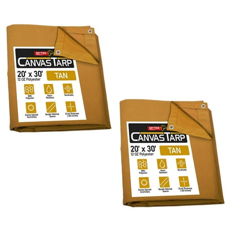 2 Pack 20 x 30 Tan 12oz Canvas Tarp with Grommets - Water Resistant - 21 Mile Heavy Duty Canvas Tarps - Multipurpose Tarpaulin Cover for Canopy Tent Roof Camping Semi Trucks & Cargo