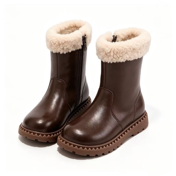 Cethrio Little Girls Mid-Calf Boots, Side Zipper Warm Non-Slip Fleece Lined Winter Shoes Brown Size 13(Little Kids)