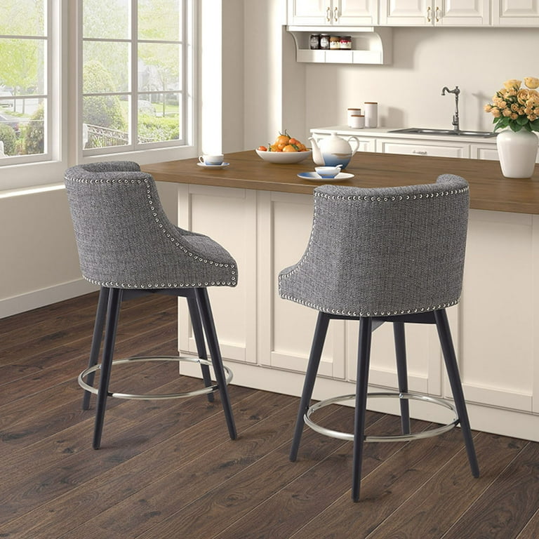 Swivel Counter Height Bar Stools Upholstered Bar Stool with Low Back Nailhead Trim Decor Solid Wood Legs and Footrest for Dining Room Counter and