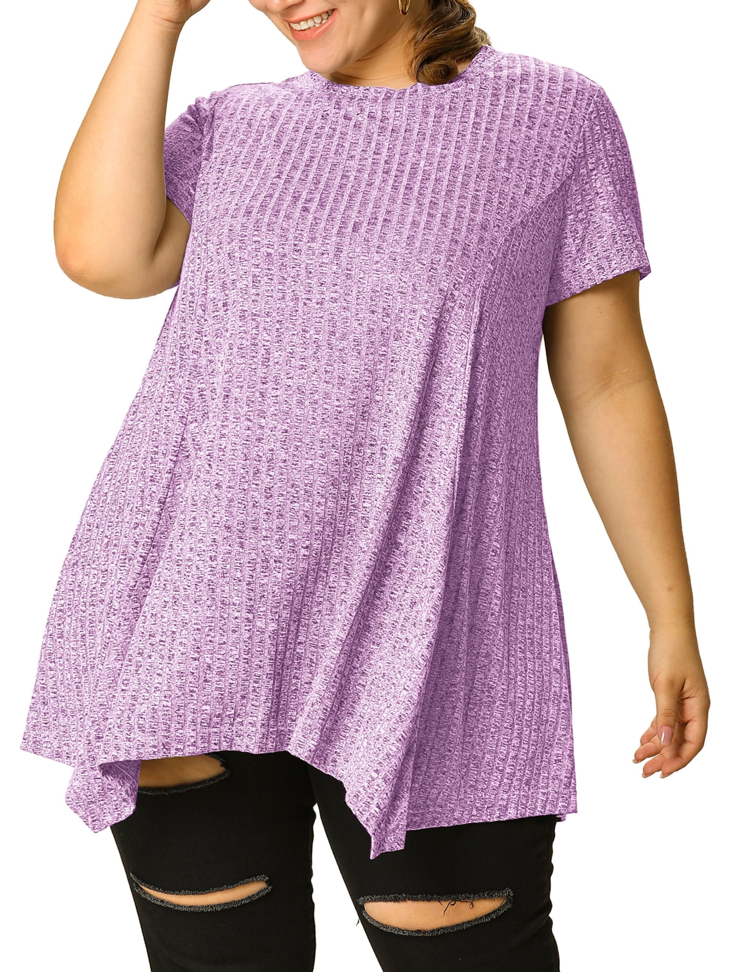 Unique Bargains Juniors' Plus Size Short Sleeve Tunic Handkerchief Hem Summer Casual Top 1X Purple