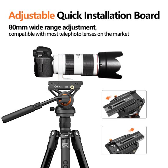 COMAN Trépied à Tête Fluide pour Appareil Photo Reflex Numérique Caméscope Monopode Trépied 360 Pan&+90/-70 Inclinaison Nouvelle Plaque Q6 en Alliage d'Aluminium Compatible avec DJI RS Gimbal Manfrotto Charge Max 17.6lb