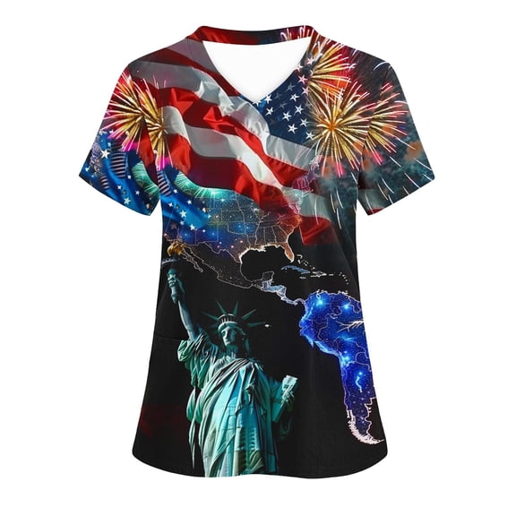 Gamivast Scrubs for Women Patriotic Star Print V-Neck Short Sleeve Nursing Scrubs with Pockets Quick Dry Moisture Wicking Scrub Tops Nursing Uniform
