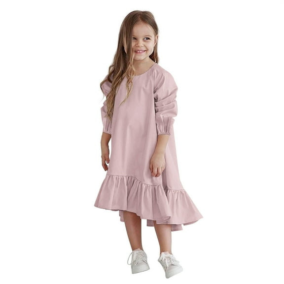 Flower Girl Dress,Little Girls Autumn Long Sleeve Solid Irregular Princess Dress with Ruffle,Casual Party Dresses Outfits, Daily Wear Clothes,Toddler Girl Dress,Pink,7-8 Years