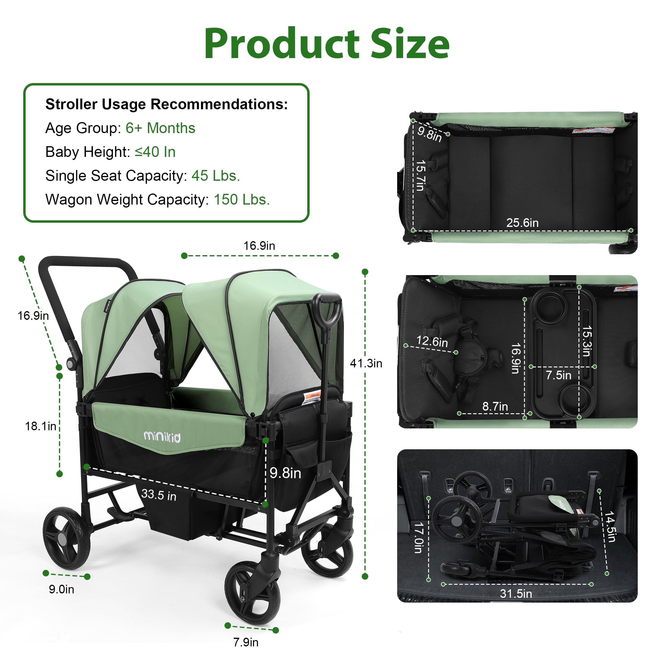 Minikid Baby Stroller Wagon for 2 Kid,Push Wagon Stroller with Canopy,Removable Dinner Plate, 5-Point Harness,Adjustable Handle Bar,Green
