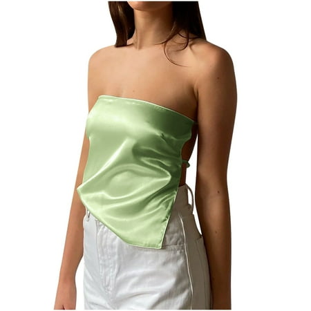 Mrat Sleep Tank Tops Women s Solid Color Backless One Line Collar Bra Strap Vests Ladies Outerwear Tops Sleeveless Strappy Tank S-16 Green L