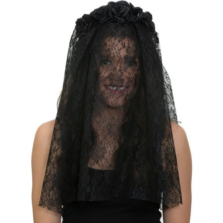 Adults Black Gothic Funeral Veil Headband With Flowers Costume Accessory