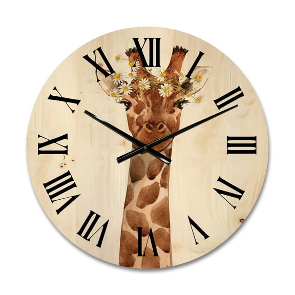 Designart 'Portrait of A Giraffe With White Flowers' Farmhouse Wood Wall Clock