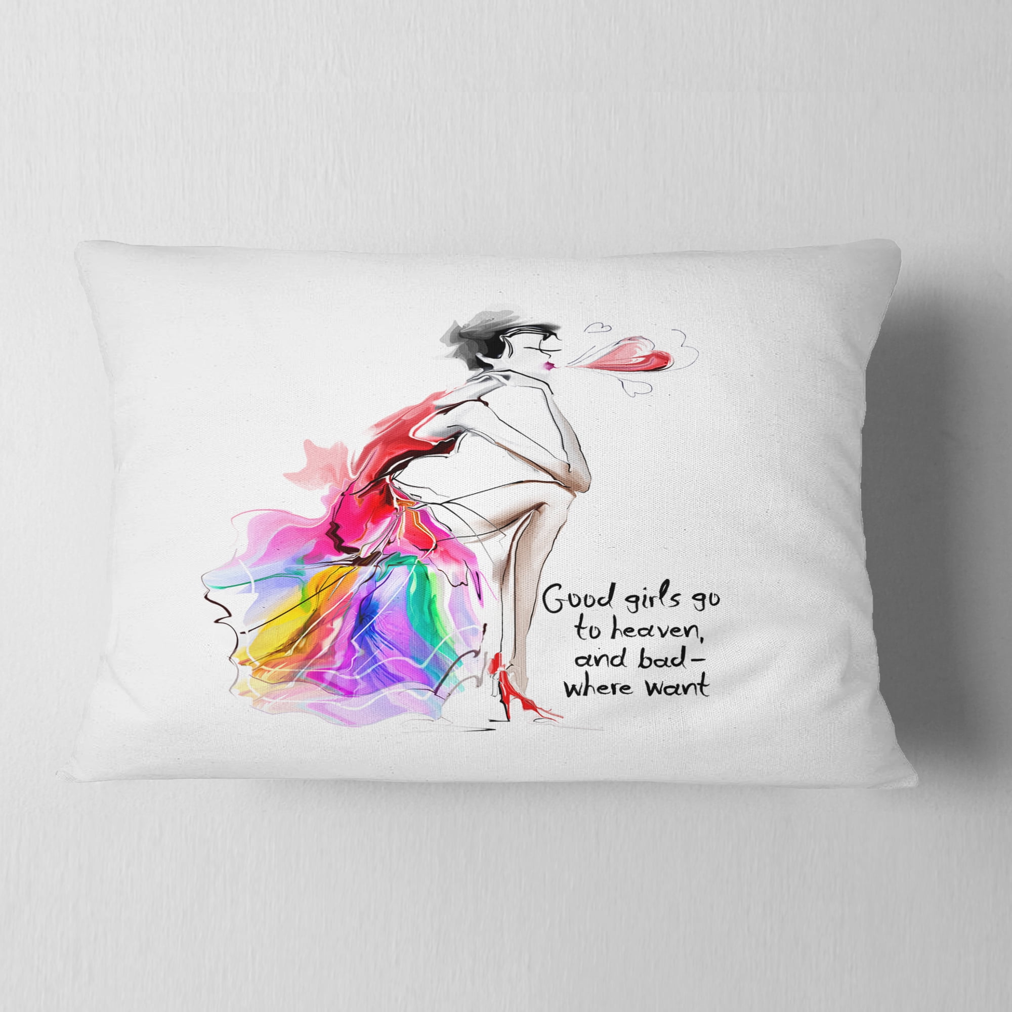 Designart Pretty Fashion Girl Pink - Abstract Portrait Throw Pillow - 12x20