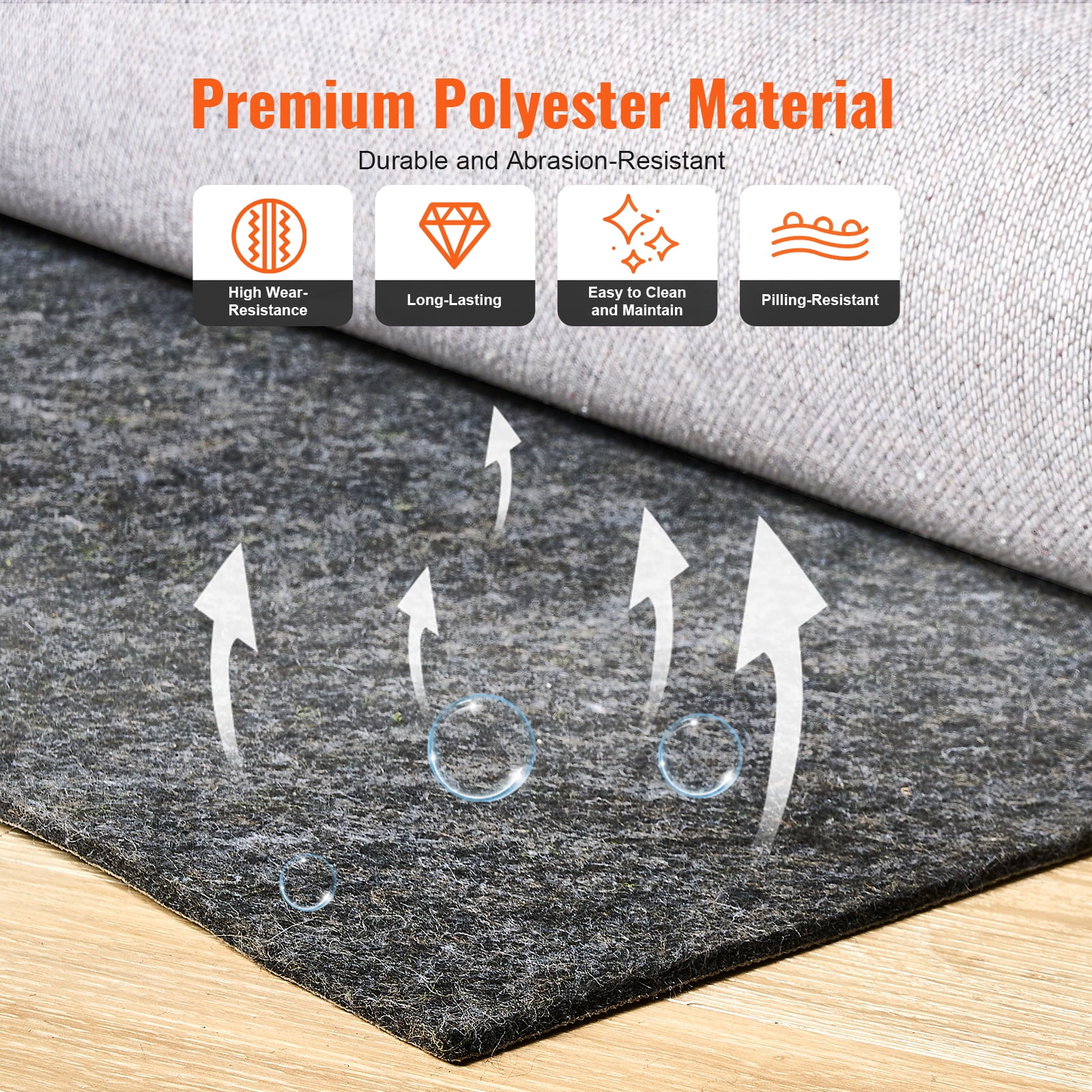 KFFKFF Non-Slip Rug Pad - Durable Cushioning Carpet Pad - 9' x 12' - 1/4" Thick - Dual-Sided Design - Polyester Felt + Latex - Gray - Suitable for 10-11㎡ Area - Floor-Safe Rug Cushion