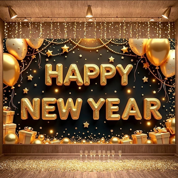 Gold Theme Happy New Year Banner Metallic Design New Year Display Balloon Decor Star Pattern Festive Backdrop for New Year Party Holiday Celebration Indoor Decoration