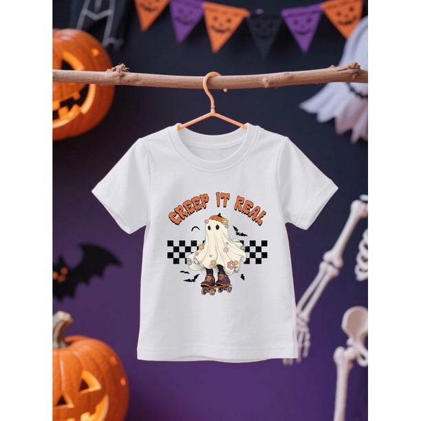 100% Pure Cotton T-Shirt for Girls Featuring a Cartoon Ghost on a Skateboard with The Fun Phrase 'CReeP iT ReaL', This Breathable and Versatile Short-Sleeve Round-Neck Shirt