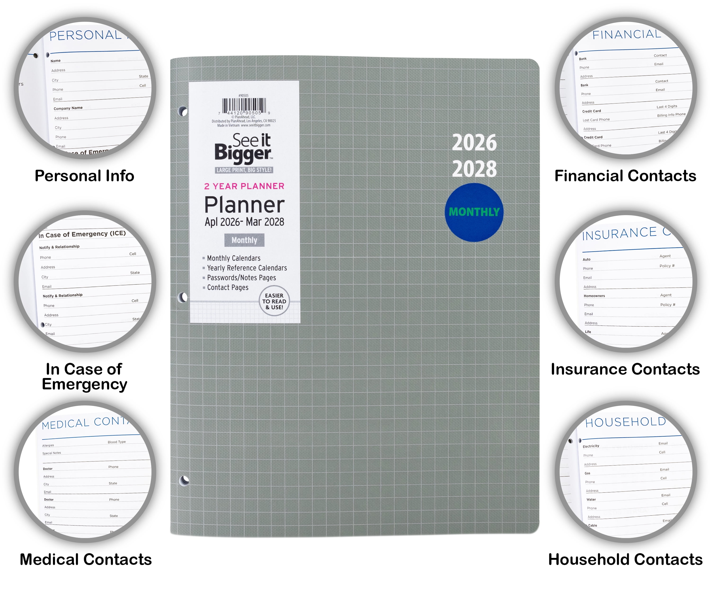 See It Bigger Monthly Planner, Large (8.5” x 11”), Grey, 2-Year: Apr 2026 - Mar 2028
