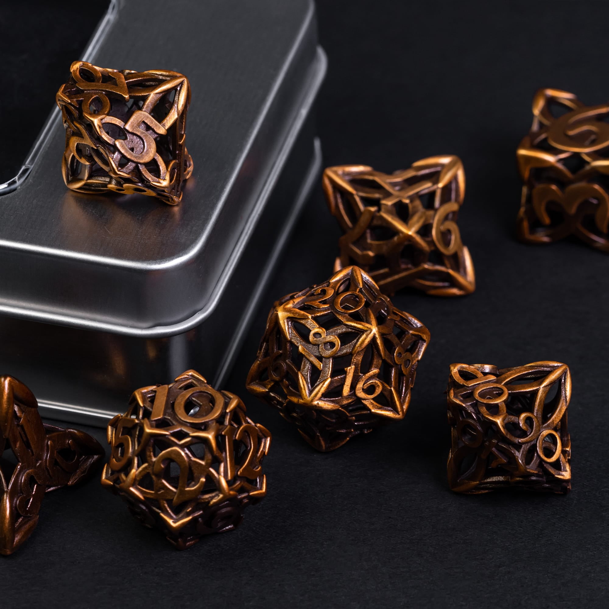 Cusdie Hollow Metal Dice, Celtic Knot D&D Dice, 7 Pcs Metal Dice Set, Polyhedral Dice Set, for Role Playing Game MTG Pathfinder
