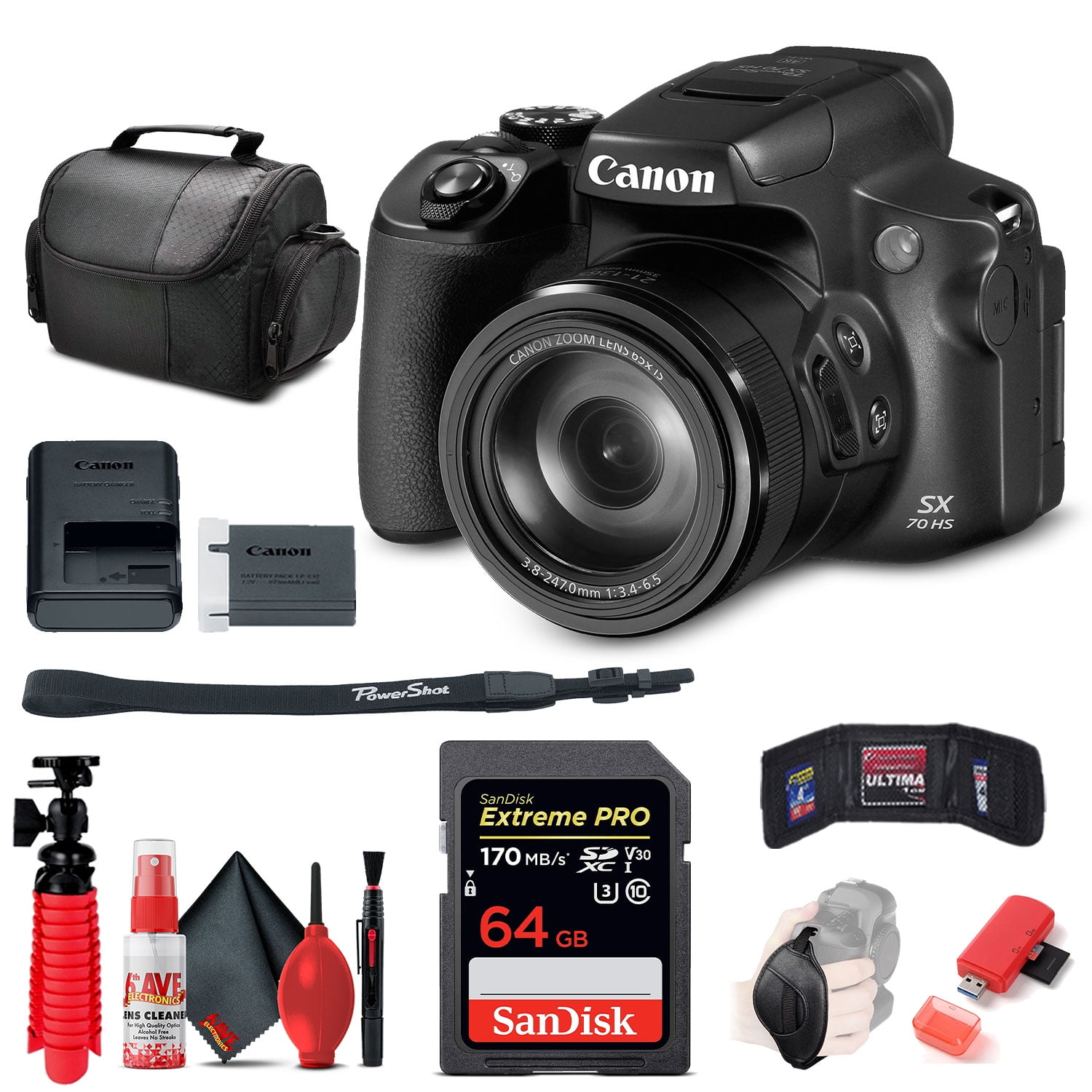Canon PowerShot SX70 HS Digital Camera (3071C001) + 64GB Card + Reader + More(International Model)