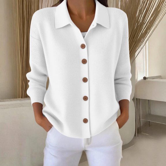 Samdudou Women Sweaters Collared Button Up Cardigan Long Sleeve Ribbed Texture Style Knit Tops Elegant Workwear Solid Color Fall Winter Outfits