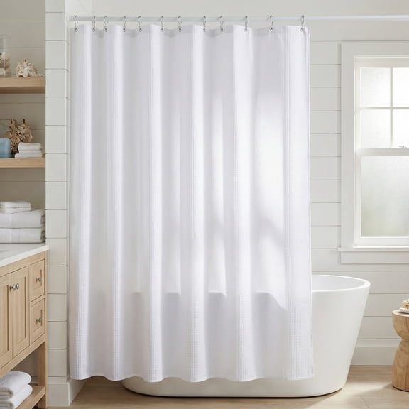 Unique Bargains Modern Waffle Weave Shower Curtain with 12 Hooks White 71"W x 71"L