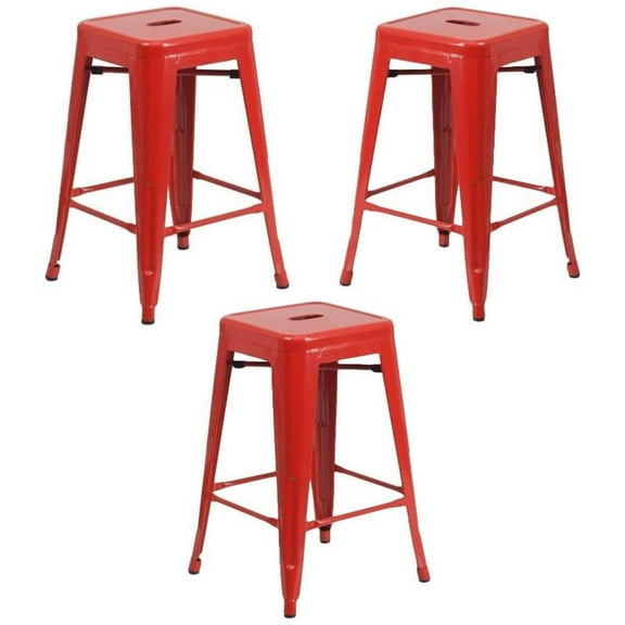 Home Square 24" Metal Backless Counter Stool in Red - Set of 3