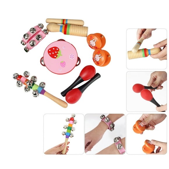Labymos 10pcs/set Musical Toys Percussion Instruments Band Rhythm Kit Including Tambourine Maracas Castanets Handbells Wooden Guiro for Kids Children Toddlers