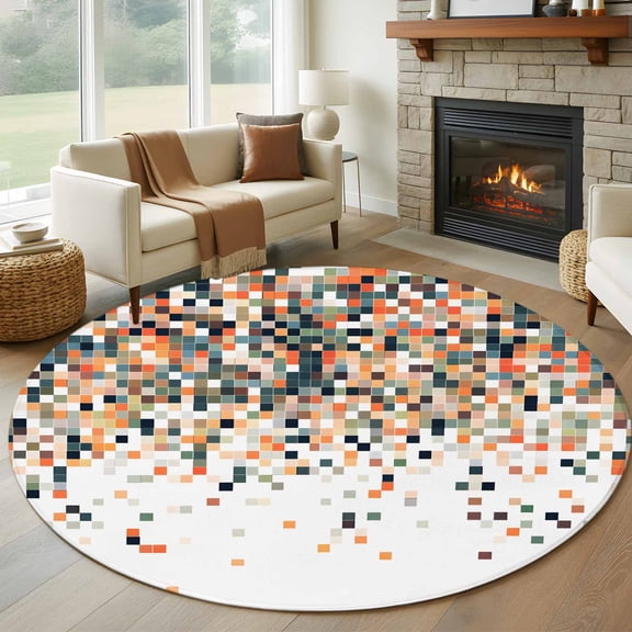 Round Rugs 5Ft, Orange Geometric Round Area Rug Washable Indoor Throw Carpet, Abstract Plaid Colorful Grid Texture Soft Non Slip Circle Rug for Cabinet Bathroom Home Decor Aesthetic