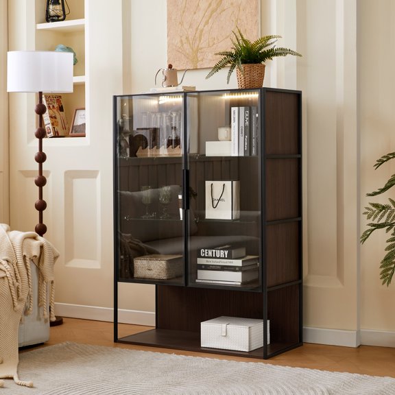 Xukmct 51.2" Tall Storage Cabinet with Inner Shelf, 2 Tempered Glass Door Display Cabinet for Living Room, Office, Study, Black Dark Brown