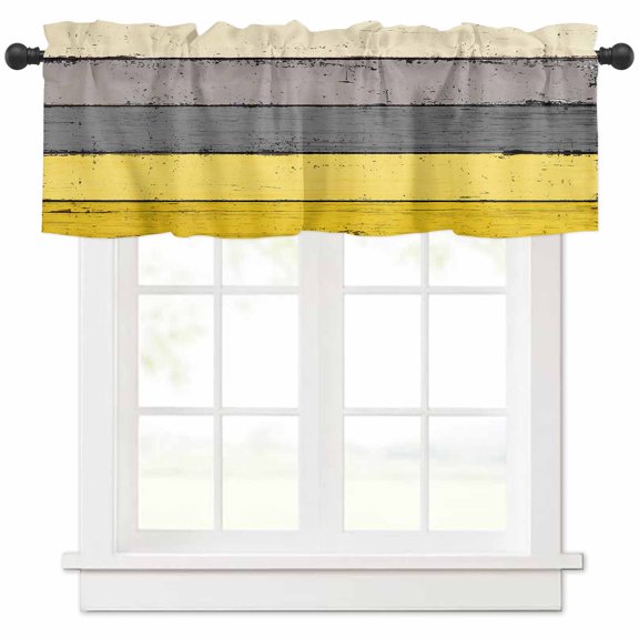 Yellow Grey Valances for Windows Farmhouse Kitchen Curtains Valances Rod Pocket Valance Curtains for Kitchen Windows Vintage Stripe Farmhouse Wood Grain Ombre Window Valances for Bathroom 42"x12"