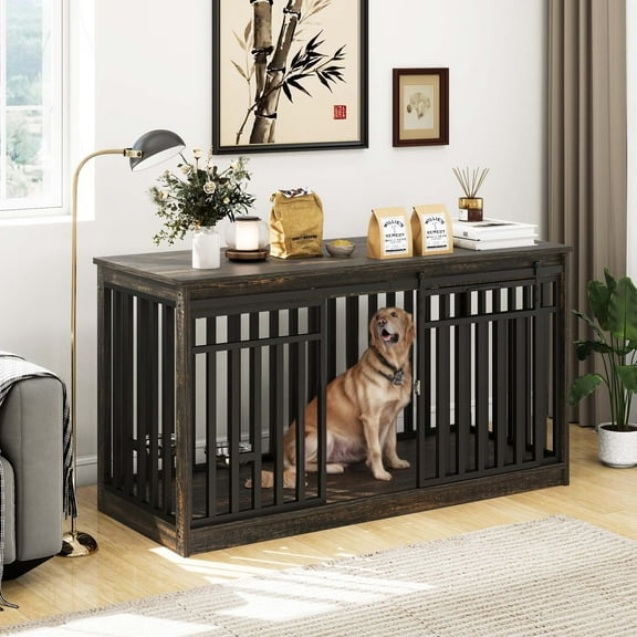 Dextrus 55" Extra Large Dog Crate Kennel Furniture with 2 Dog Bowl, Sliding Doors for Large Medium Dogs, Heavy Duty Wood TV Stand Dog Cage Table - Black Oak