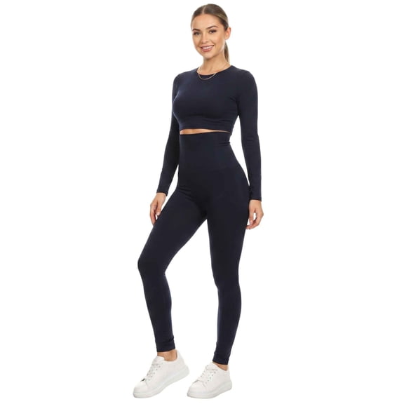 COUVER Women's Cotton Blend High Waisted Compression Leggings Navy One Size