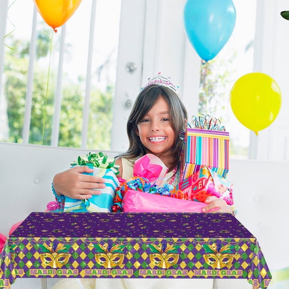 20-Piece Carnival Party Tableware Set with Plates Cups Napkins and Tablecloth Purple Green and Gold Mardi Gras Themes for Festive Celebrations