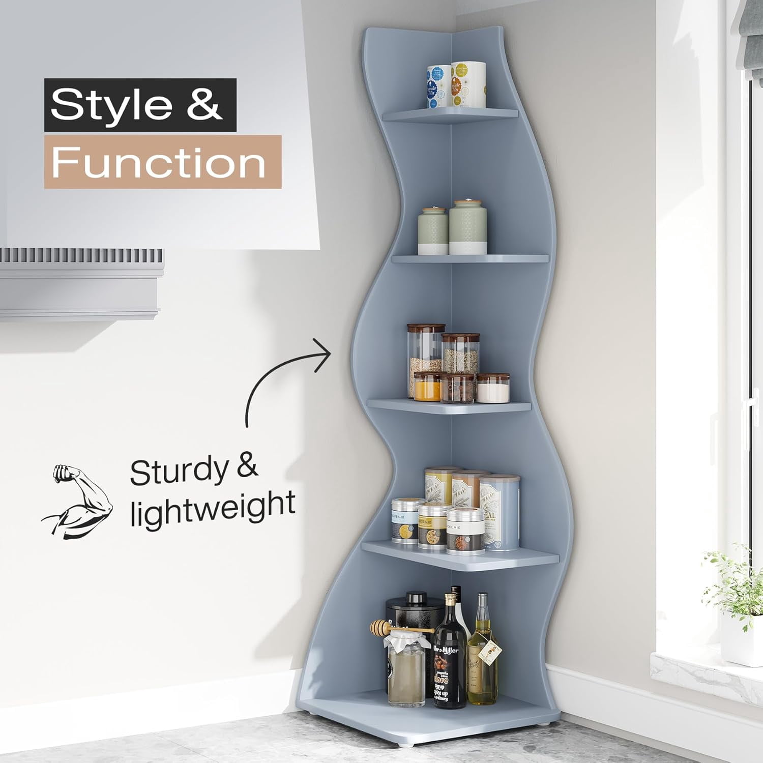 Tribesigns Small Corner Shelf, 5-Tier Modern Corner Bookcase for Small Space, Living Room (Blue)