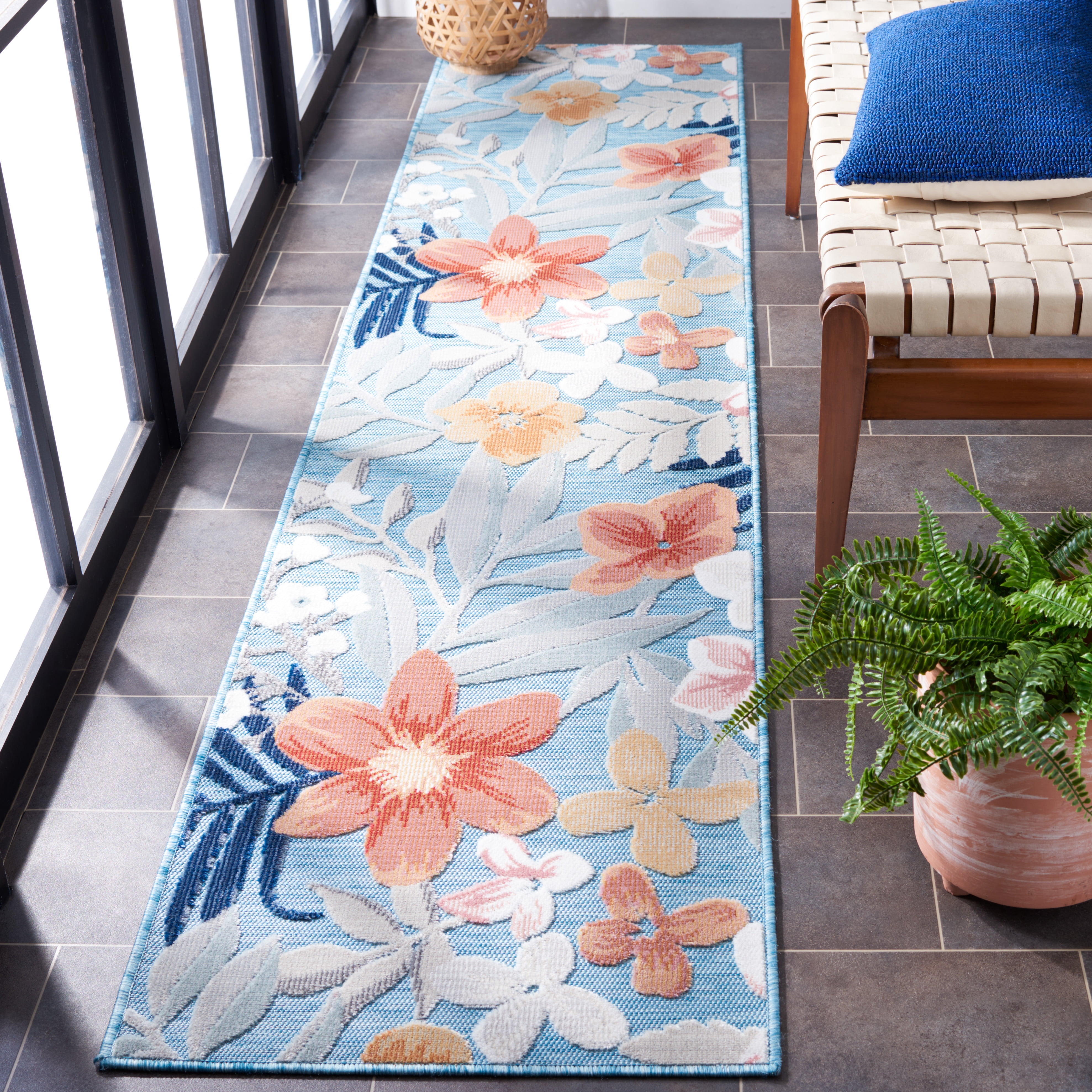 SAFAVIEH Cabana Caris Floral Indoor/Outdoor Runner Rug, Aqua/Rust, 2' x 5'