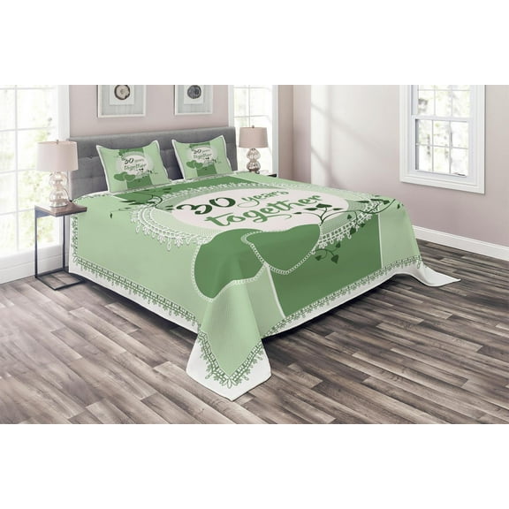 Ambesonne Aniversery Quilted Coverlet 3 Pcs, 30 Years Together Text, King Size, Reseda Green Green