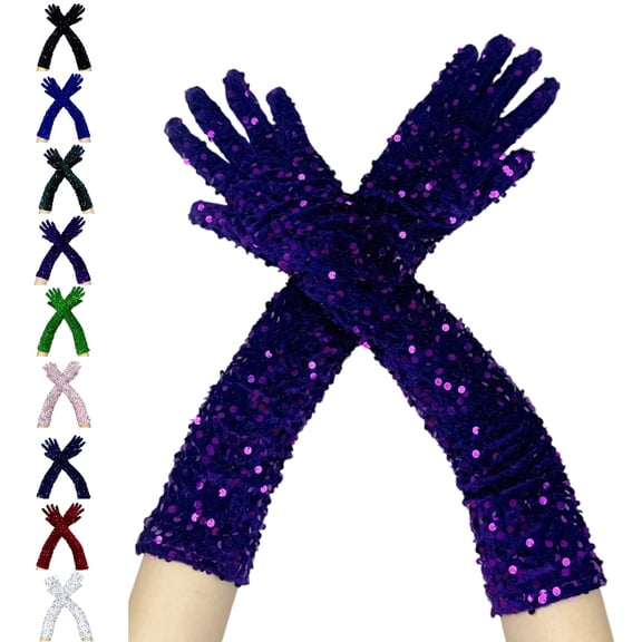 GPOECD Long Gloves Carnival Sleeve Glitter Shiny Details Party Evening Wear Mittens