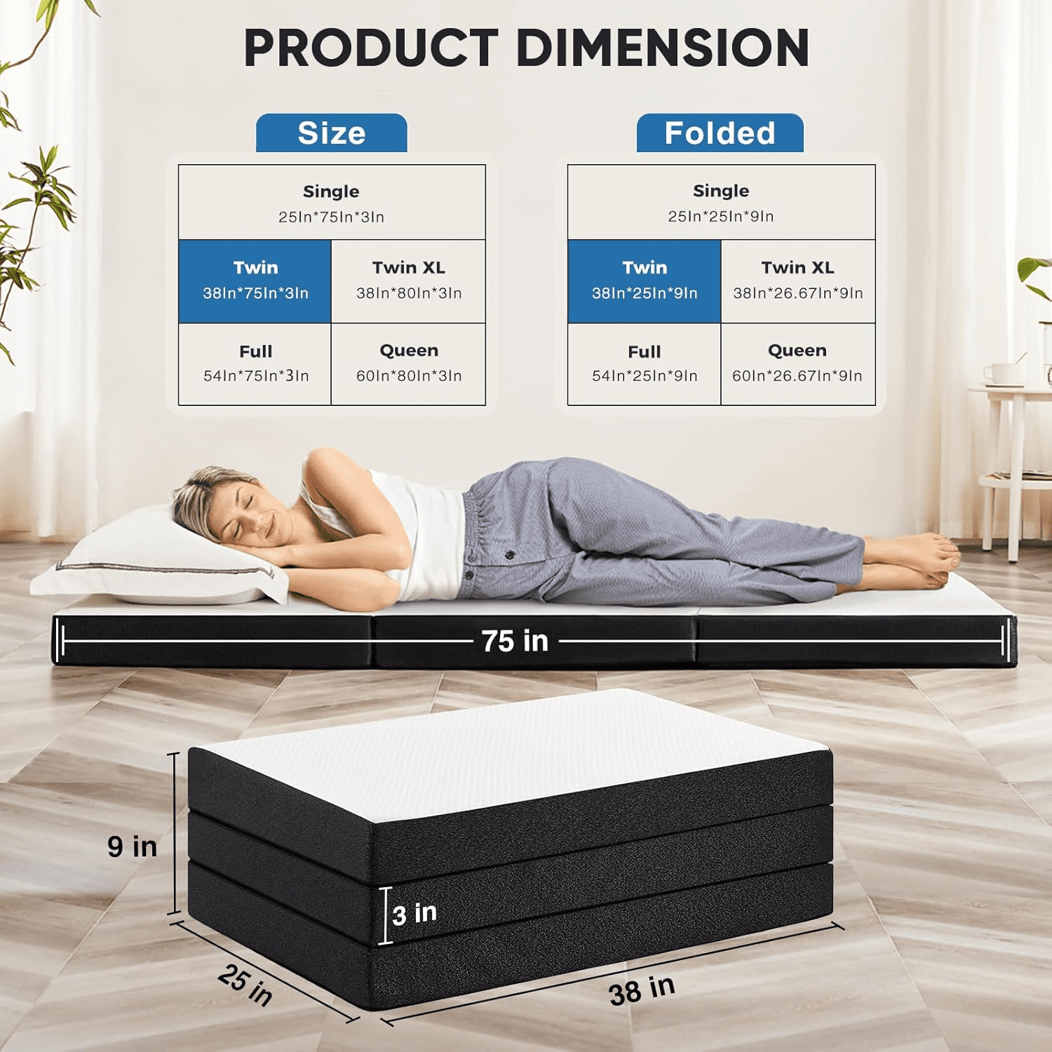 BORGEBY 3 inch Folding Mattress, Twin Tri-Folding Memory Foam Mattress with Washable Cover, Portable for Camping & Guest Beds
