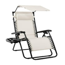 Outdoor Folding Zero Gravity Recliner, Patio Lounge Chair w/Adjustable Canopy Shade, Headrest, Side Accessory Tray, Textilene Mesh - Ivory