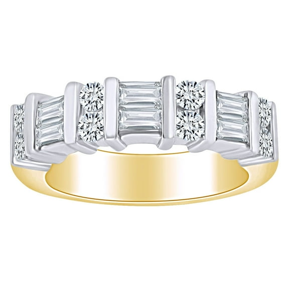 AFFY 1 1/2 Carat Baguette & Round White Natural Diamond Channel Set Wedding Band Ring 14k Solid Yellow Gold (1.5Cttw) Ring Size-5