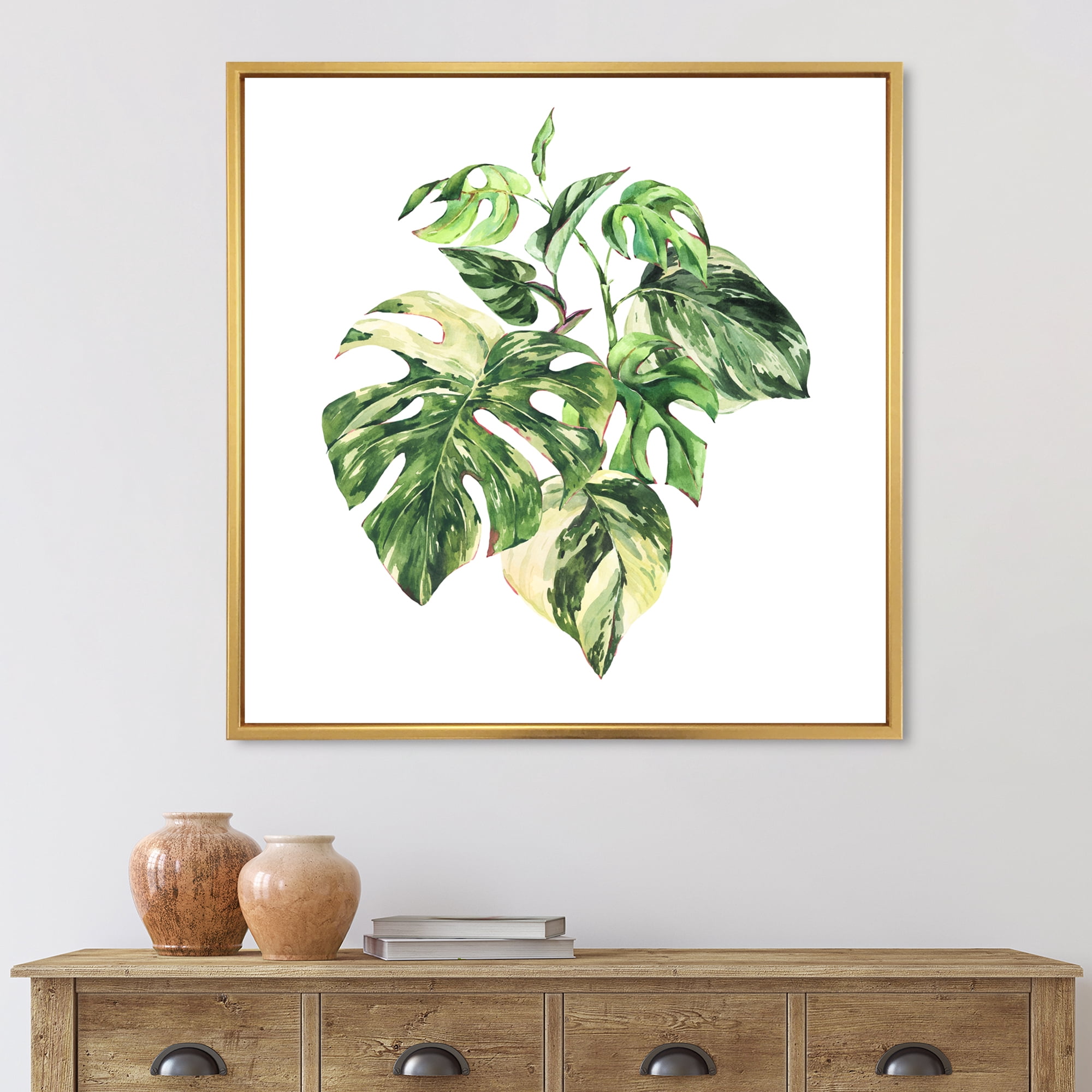 Designart 'Tropical Green Leaves On White In Summer Times I' Tropical Framed Canvas Wall Art Print