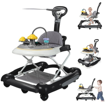HAOUUCYIN 4-in-1 Baby Walker Music Activity Push Walker with Wheel Foldable and Height Adjustable Black