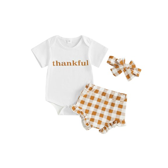 LMLYSoH Infant Girl Thanksgiving Jumpsuit Letter Short Sleeve Romper Ruffled Plaid Print Shorts Bow Headband