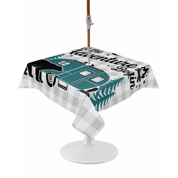 Outdoor Tablecloth with Umbrella Hole and Zipper Camper Van Bear Square Tablecloths 54x54 Inch Waterproof Table Cloths Let The Adventure Begin Moon Plaid Patio Table Cover for Picnic BBQS Party