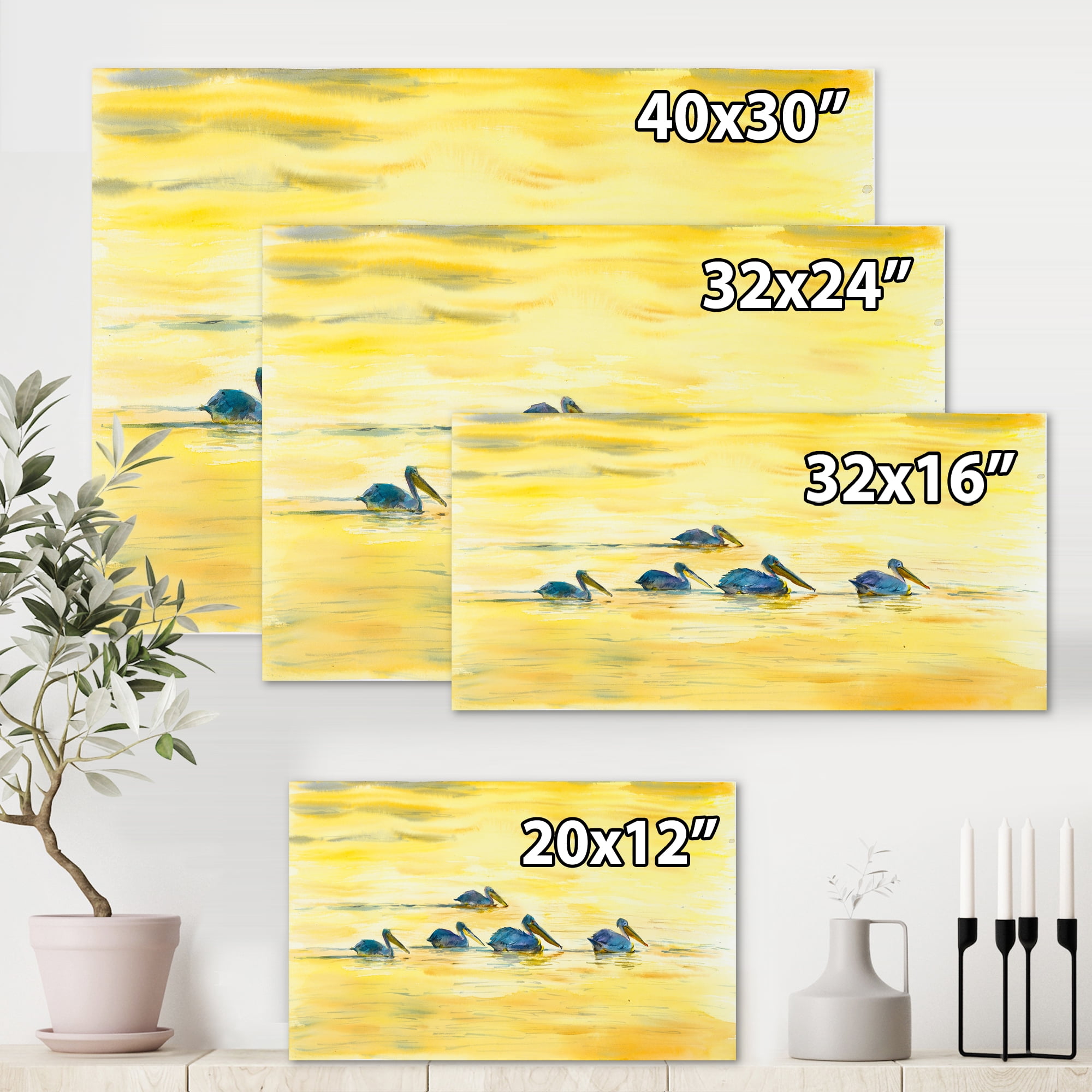Designart ' Pelicans Birds On The Yellow River ' Farmhouse Canvas Wall Art Print