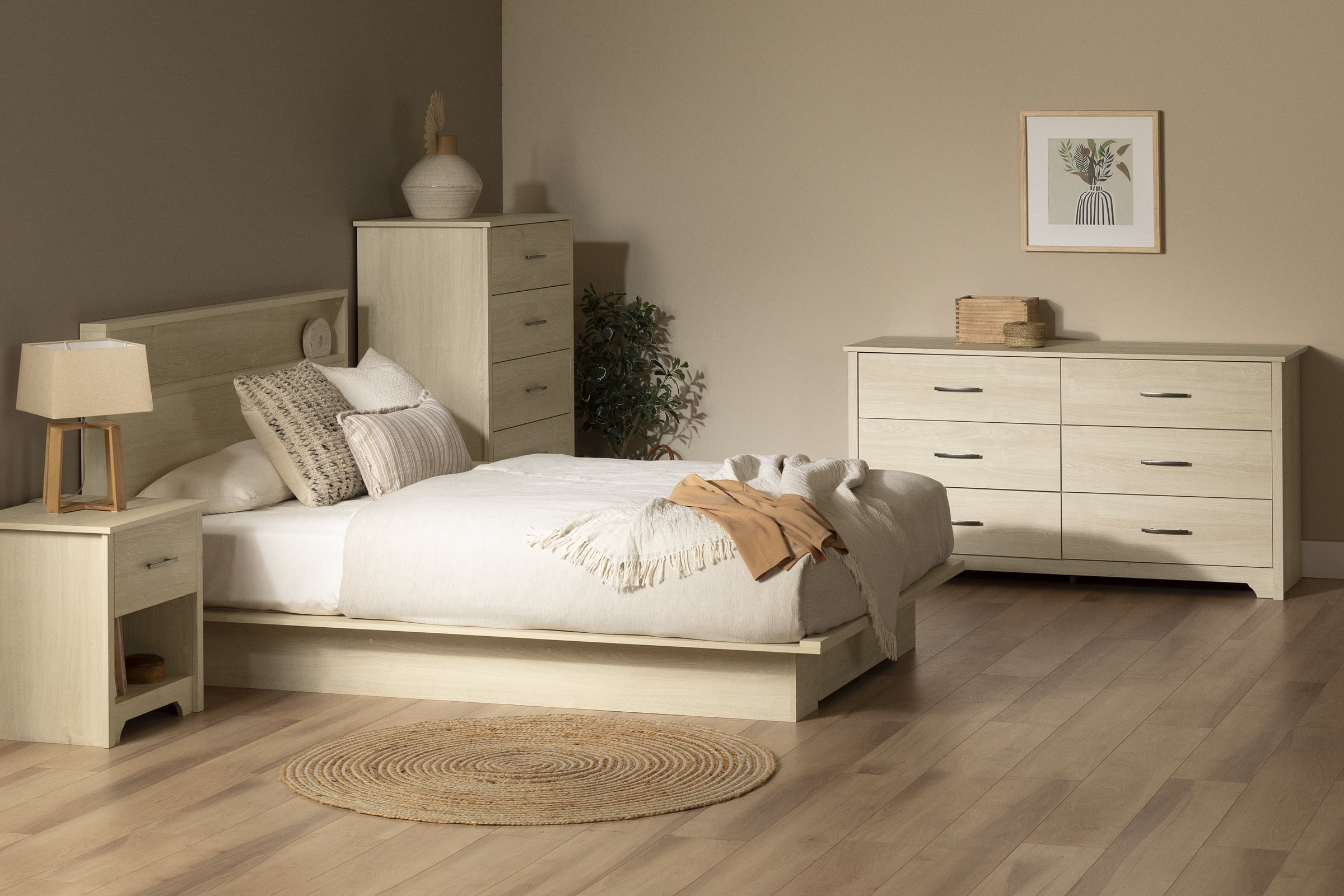 South Shore Fusion Full/Queen Headboard with Storage Shelf, in Bleached Oak