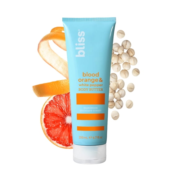 Bliss Body Butter - Naranja sanguina y pimienta blanca - Crema de máxima humedad - 6.7 onzas líquidas - Loción corporal para piel seca - Hidratante de larga duración para mujeres y hombres - Vegano y