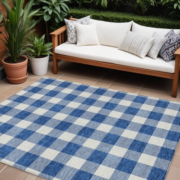 10' X 14' Navy Blue And Gray Plaid Washable Indoor Outdoor Area Rug