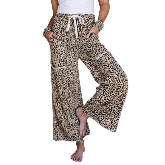 Women's Khaki Animal Print Wide Leg Pants – Casual Leopard Print Trousers for Daily Wear, XL