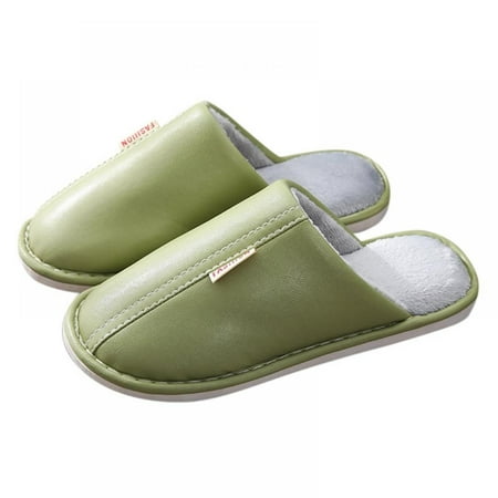 

PU Leather Slippers Men Couple Simple Fur Wood Flooring Home Autumn And Winter Non-slip Waterproof Confinement Cotton Slippers Women