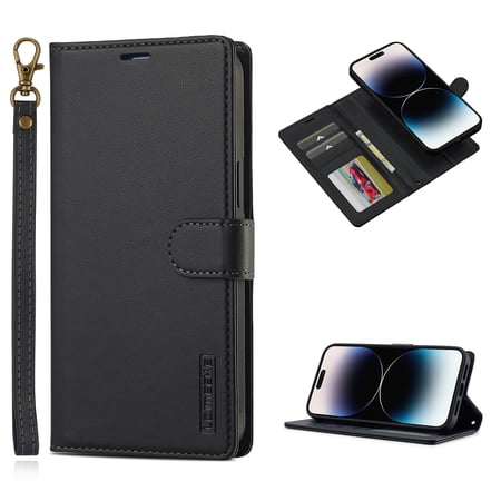 Wallet Case for iPhone XS Max, PU Leather Credit Card Holder Phone Case [3 Card Slots] Folio Flip Detachable Magnetic Cover Kickstand & Carrying Strap for iPhone XS Max, Black